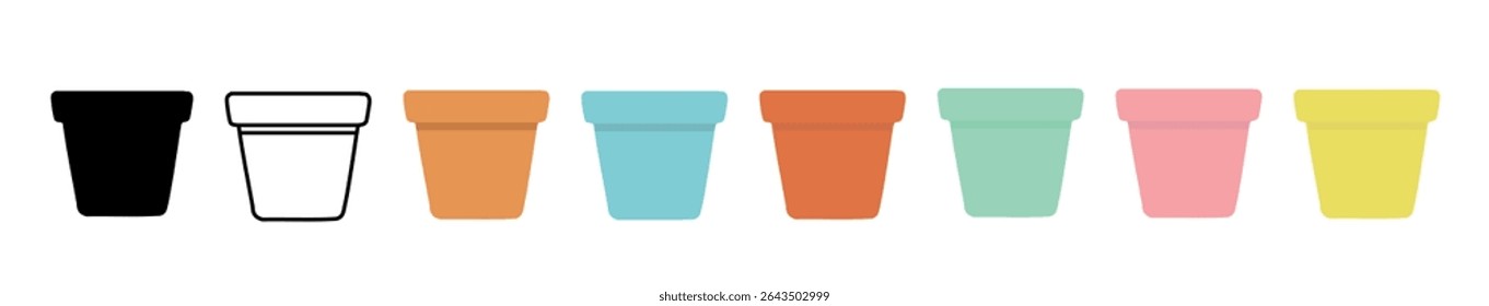 Set of colorful flower pots in various styles isolated on white background, illustration. concept of garden, decor, plant container, home gardening, design elements.