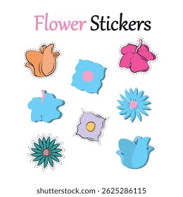 Conjunto de pegatinas de flores de colores. Ilustración vectorial