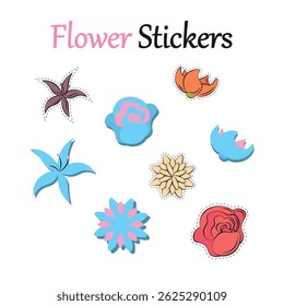 Conjunto de pegatinas de flores de colores. Ilustración vectorial
