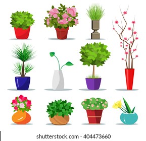 Conjunto de coloridas macetas de flores para la casa. Placas interiores de estilo plano para plantas y flores. Ilustración vectorial aislada. Colección de macetas y jarrones modernos.