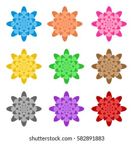 Set of colorful flowers folded in a row side by side and one below the other on a white background. Designer ornament for gifts