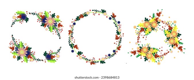 Set of colorful flowers frame in flat style