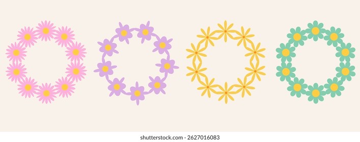 Set of colorful flowers frame. Retro geometric spring flowers. Groovy simple flowers set. Botanical circle border. For greeting card, poster, banner, social media, logo.