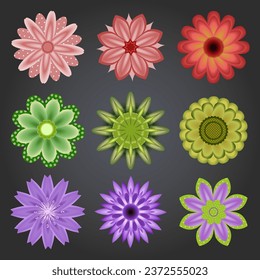 Conjunto de colores de flores gradiente. Resumen de flores aisladas sobre fondo gris oscuro. Ilustración vectorial.