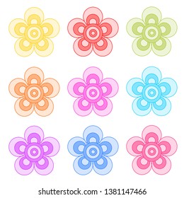 Set of colorful flowers, isolated vector elements on the white background, flat style, floral objects for a greeting card, a pattern, a banner, a wrapping and other