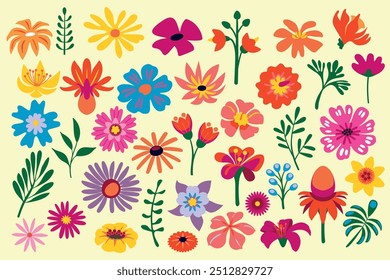 Conjunto de flores coloridas e silhuetas de folhas. Elementos de design floral desenhados à mão. Contornos coloridos de flores e folhas selvagens e de jardim isoladas sobre fundo branco.