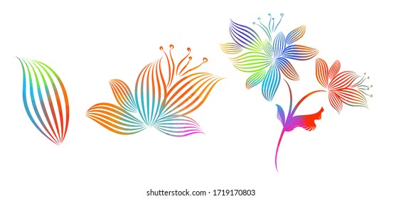 Set of colorful flowers. Mixed media. Vector illustration