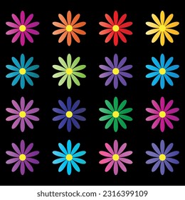 Set of colorful flowers on black background