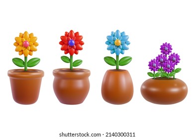 Set colorful flowers in pot isolated on white background. Collection realistic modern minimal design element. 3d vector illustration.