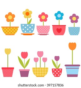 Set of colorful flowers in pots