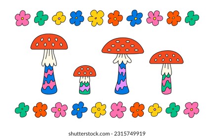 Set of colorful flowers and psychedelic mushrooms in retro groovy style. Vector illustration in isolated background. Hippie 1970 aesthetic