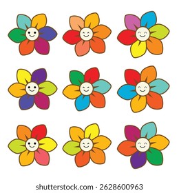 Set of colorful flowers with smiling faces