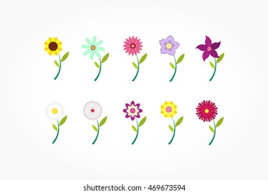 set of colorful flowers with stalk