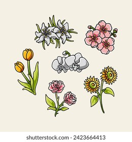 Eine Reihe von bunten Blumen, Vektorgrafiken von Rose, Tulip, Azalea, Kirschblüten, Orchideen und Sonnenblumen