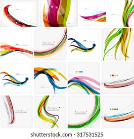 Set of colorful flowing motion abstract backgrounds. Smooth futuristic wave layouts. Business, technology message, presentation or identity