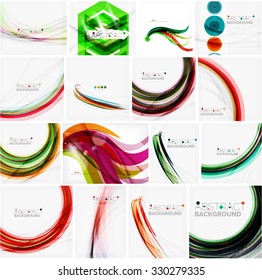 Set of colorful flowing motion abstract backgrounds. Smooth futuristic wave layouts. Business, technology message, presentation or identity