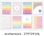 A set of colorful flyers, brochures, templates design. Creative cards with patterns of colored bubbles and lines. Vector banners