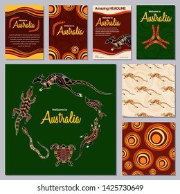 Set of colorful flyers, posters, banners, placards, cards, brochure design templates, seamless patterns. Aboriginal style. Australian style. Vector color illustrations for your design.