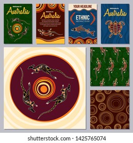 Set of colorful flyers, posters, banners, placards, cards, brochure design templates, seamless patterns. Aboriginal style. Australian style. Vector color illustrations for your design.