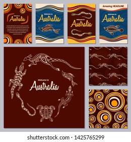 Set Of Colorful Flyers, Posters, Banners, Placards, Cards, Brochure Design Templates, Seamless Patterns. Aboriginal Style. Australian Style. Vector Color Illustrations For Your Design.