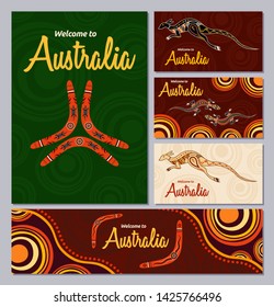 Set Of Colorful Flyers, Posters, Banners, Placards, Cards, Brochure Design Templates, Seamless Patterns. Aboriginal Style. Australian Style. Vector Color Illustrations For Your Design.