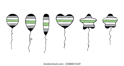 Set of colorful flying balloon Agender pride flag Happy pride day LGBTQIA community Pride Month Vector hand drawn doodle for posters, stickers, logo, cards