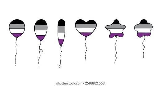 Set of colorful flying balloon Asexual pride flag Happy pride day LGBTQIA community Pride Month Vector hand drawn doodle for posters, stickers, logo, cards