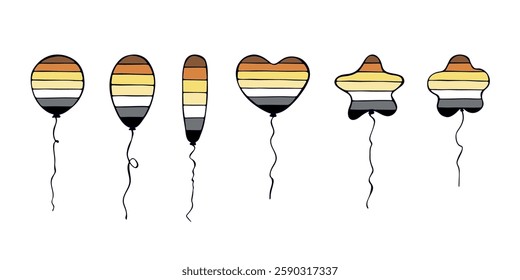 Set of colorful flying balloon Bear brotherhood pride flag Happy pride day LGBTQIA community Pride Month Vector hand drawn doodle for posters, stickers, logo, cards