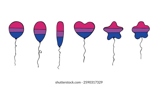 Set of colorful flying balloon Bisexual pride flag Happy pride day LGBTQIA community Pride Month Vector hand drawn doodle for posters, stickers, logo, cards