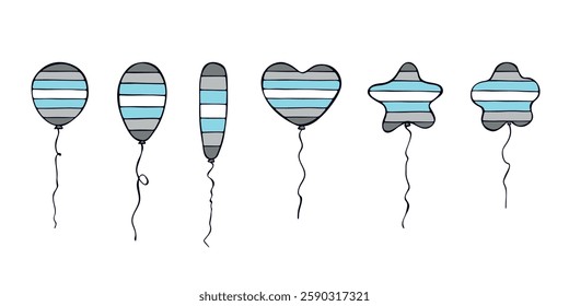 Set of colorful flying balloon Demiboy pride flag Happy pride day LGBTQIA community Pride Month Vector hand drawn doodle for posters, stickers, logo, cards