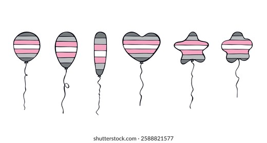 Set of colorful flying balloon Demigirl pride flag Happy pride day LGBTQIA community Pride Month Vector hand drawn doodle for posters, stickers, logo, cards