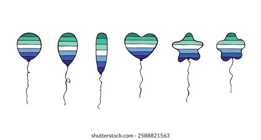 Set of colorful flying balloon Gay men pride flag Happy pride day LGBTQIA community Pride Month Vector hand drawn doodle for posters, stickers, logo, cards