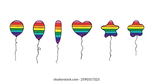 Set of colorful flying balloon Gay pride flag Happy pride day LGBTQIA community Pride Month Vector hand drawn doodle for posters, stickers, logo, cards