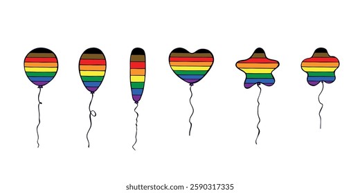 Set of colorful flying balloon Gay pride flag Happy pride day LGBTQIA community Pride Month Vector hand drawn doodle for posters, stickers, logo, cards