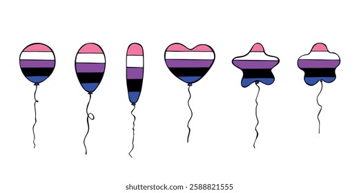 Set of colorful flying balloon Gender fluid pride flag Happy pride day LGBTQIA community Pride Month Vector hand drawn doodle for posters, stickers, logo, cards