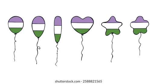 Set of colorful flying balloon Genderqueer pride flag Happy pride day LGBTQIA community Pride Month Vector hand drawn doodle for posters, stickers, logo, cards