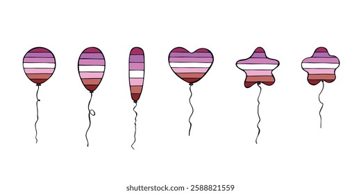 Set of colorful flying balloon Lesbian pride flag Happy pride day LGBTQIA community Pride Month Vector hand drawn doodle for posters, stickers, logo, cards