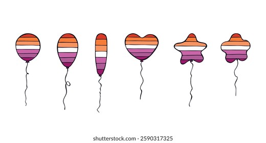 Set of colorful flying balloon Lesbian pride flag Happy pride day LGBTQIA community Pride Month Vector hand drawn doodle for posters, stickers, logo, cards