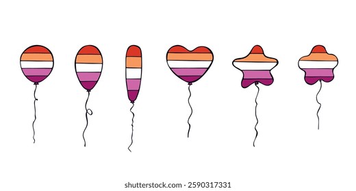 Set of colorful flying balloon Lesbian pride flag Happy pride day LGBTQIA community Pride Month Vector hand drawn doodle for posters, stickers, logo, cards