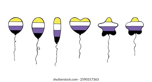 Set of colorful flying balloon Non-binary pride flag Happy pride day LGBTQIA community Pride Month Vector hand drawn doodle for posters, stickers, logo, cards