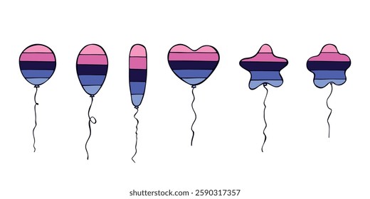 Set of colorful flying balloon Omnisexual pride flag Happy pride day LGBTQIA community Pride Month Vector hand drawn doodle for posters, stickers, logo, cards