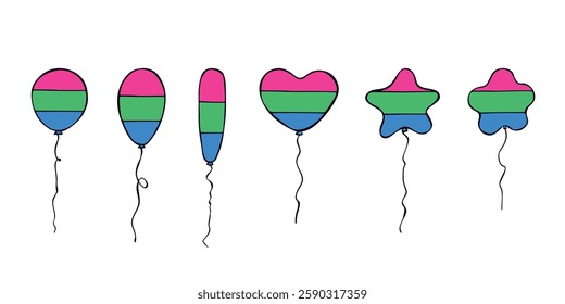 Set of colorful flying balloon Polysexual pride flag Happy pride day LGBTQIA community Pride Month Vector hand drawn doodle for posters, stickers, logo, cards