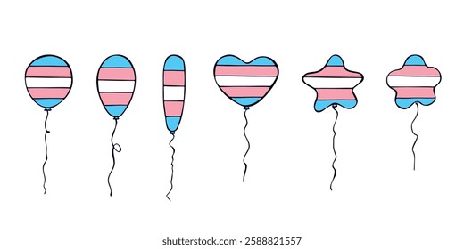 Set of colorful flying balloon Transgender pride flag Happy pride day LGBTQIA community Pride Month Vector hand drawn doodle for posters, stickers, logo, cards