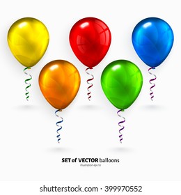 Set of colorful flying balloons with streamers isolated on white background. Vector.