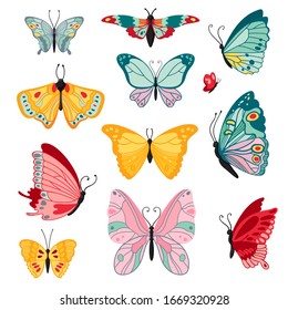 Set of colorful flying butterfly, isolated on white background. Pretty hand-drawing vector illustration. Various colours and shapes