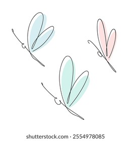 A set of colorful flying dragonflies is hand-painted in pastel shades, isolated on a white background, contour illustration with a single line. Decorative element for decoration, decor, holiday