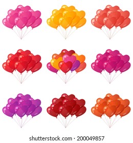 Set of colorful flying heart shaped balloons bunches of various colors, element for holiday background isolated on white. Eps10 contains transparencies. Vector