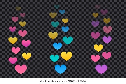 Set of colorful flying hearts for live stream on transparent background using trend gradient colors. Social media concept. Vector illustration 