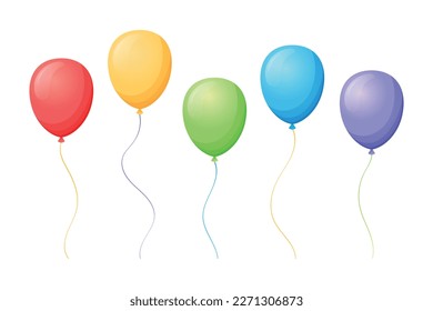 Set of colorful flying helium balloons. Vector isolated cartoon illustration.