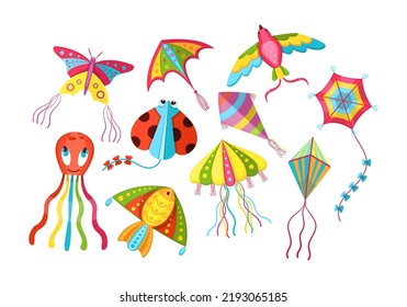 Set of colorful flying kites of different shapes. Kite in shape of octopus, fish, butterfly, bird, ladybird. Summer, spring festive toys with ribbons and tails flying in wind cartoon vector